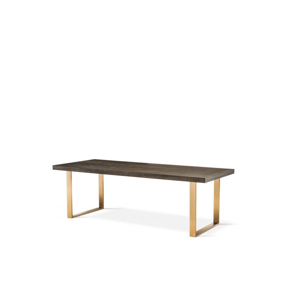 Dining Table Melchior 230 cm, Brown Oak Veneer, Brushed Brass Finish