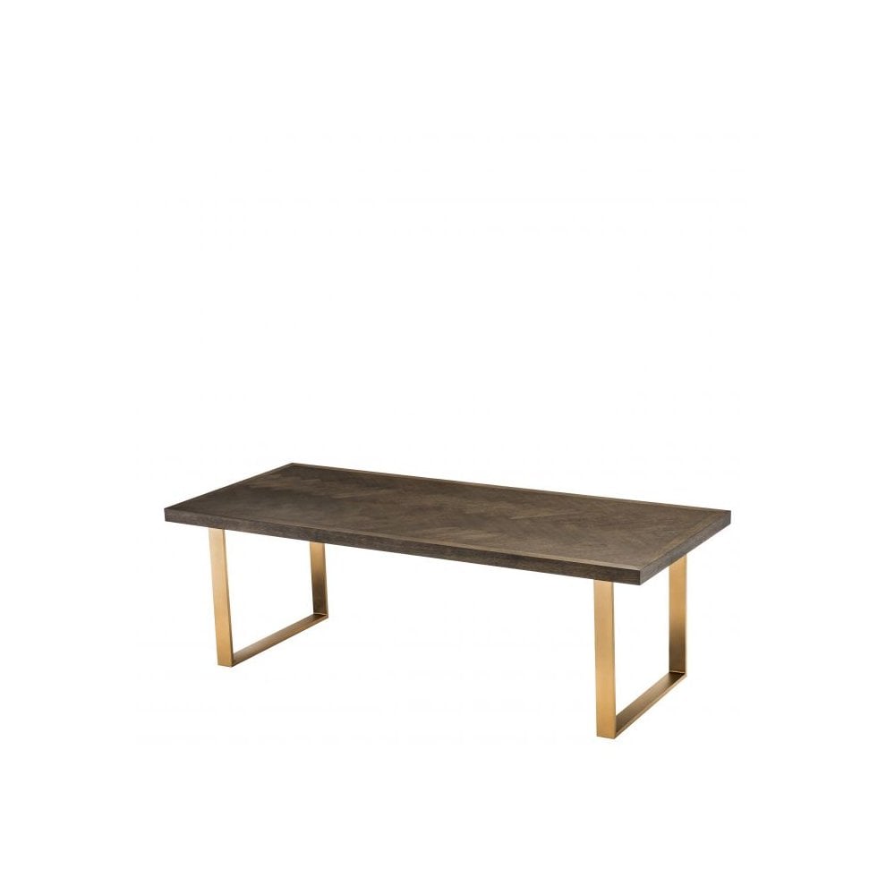 Dining Table Melchior 230 cm, Brown Oak Veneer, Brushed Brass Finish