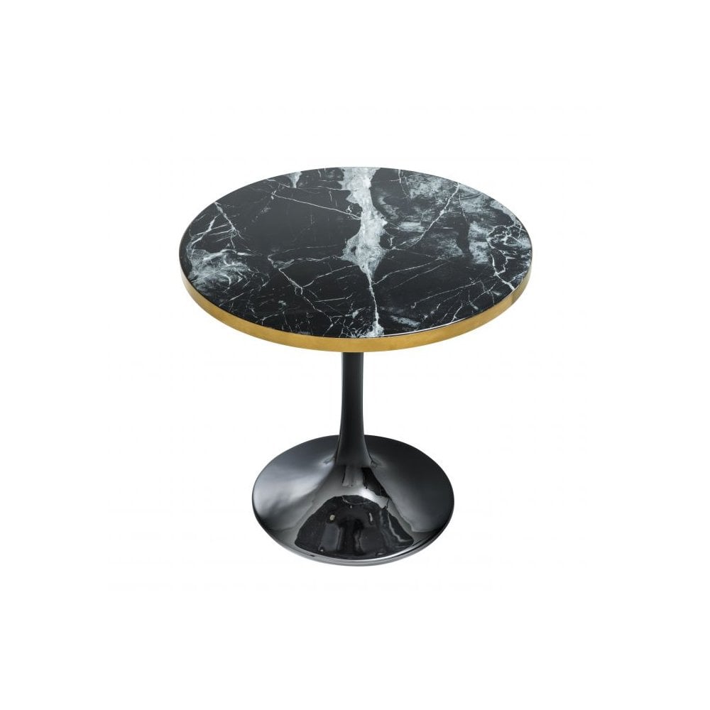 Side Table Parme, Black Faux Marble, Brushed Brass Rim, Black Base