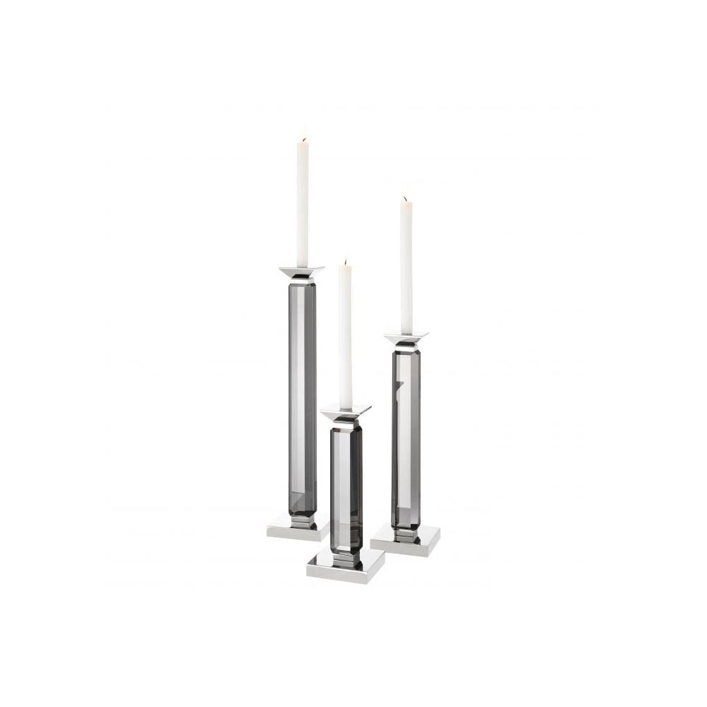 Candle Holder Livia set of 3, Smoke Crystal Glass, Nickel Finish