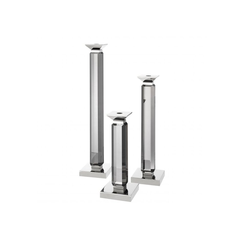 Candle Holder Livia set of 3, Smoke Crystal Glass, Nickel Finish