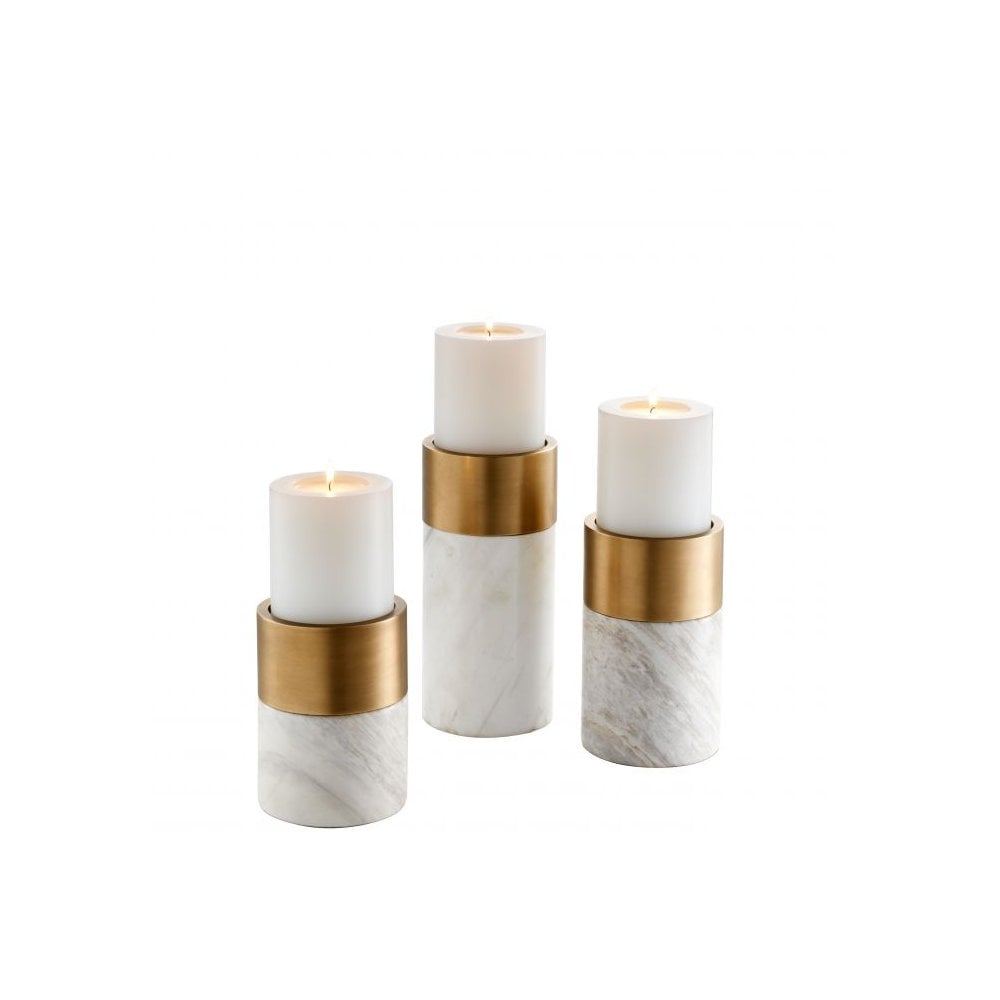 Candle Holder Sierra set of 3, White Marble, Brushed Brass Finish