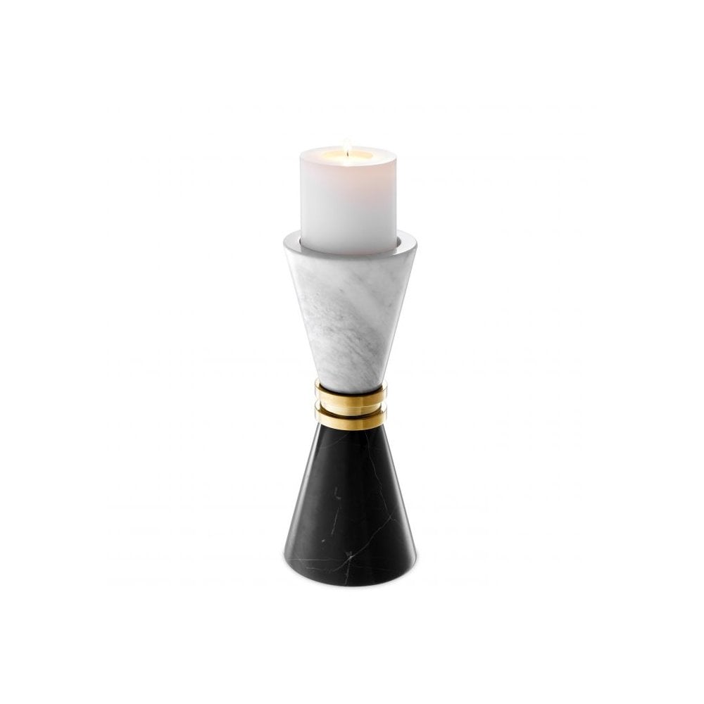 Candle Holder Diabolo, Black Marble, White Marble, Gold Finish, Two Sided