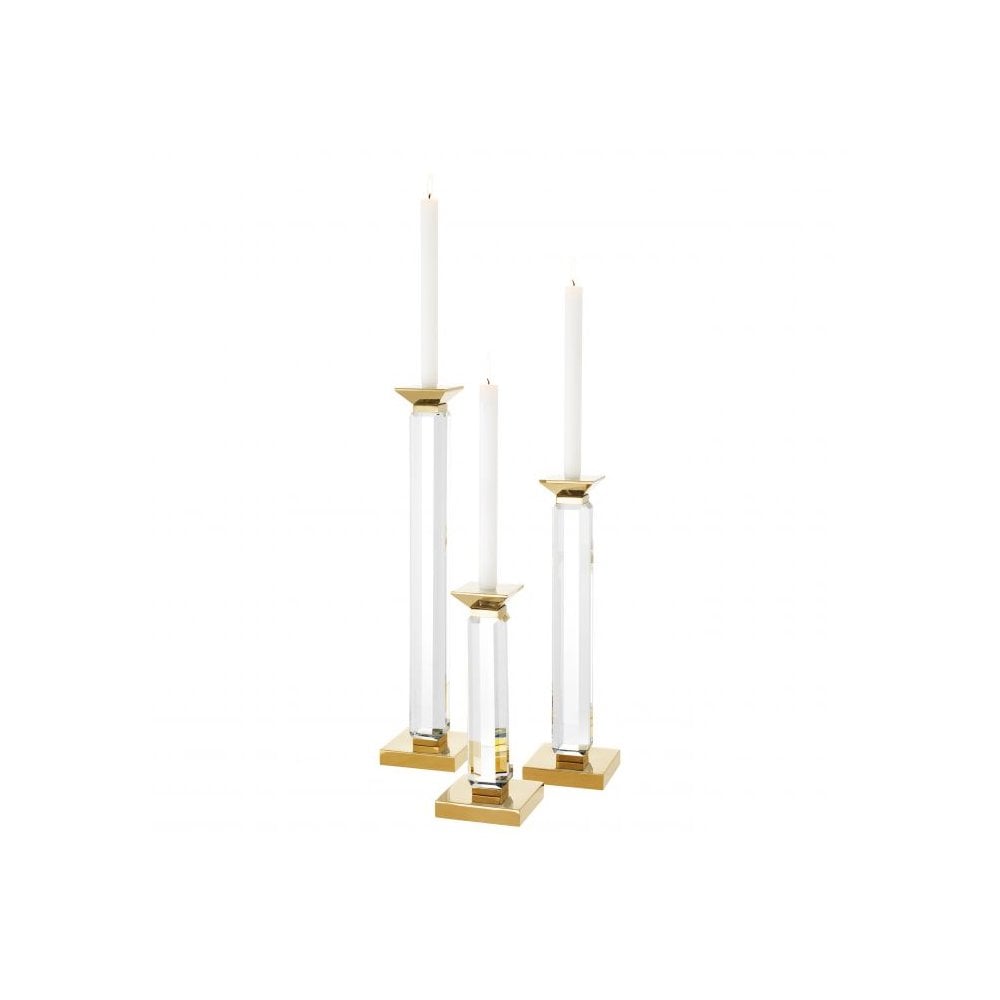 Candle Holder Livia set of 3, Crystal Glass, Gold Finish