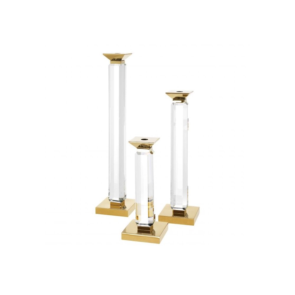 Candle Holder Livia set of 3, Crystal Glass, Gold Finish