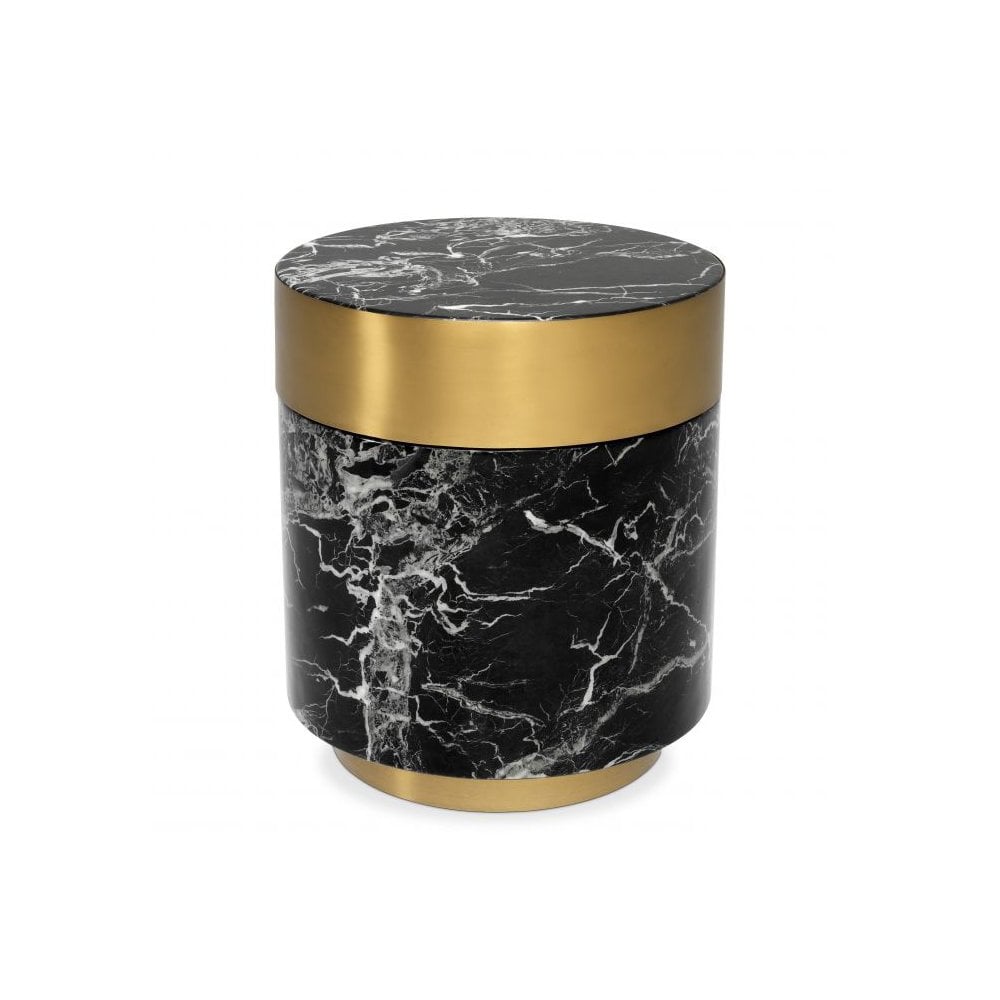 Side Table Caron, Black Faux Marble, Brushed Brass Rim & Base