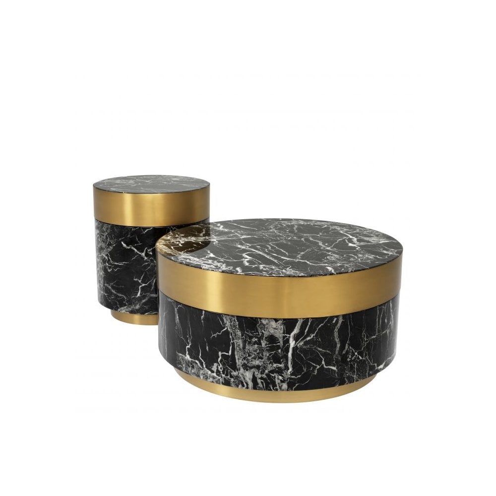 Side Table Caron, Black Faux Marble, Brushed Brass Rim & Base