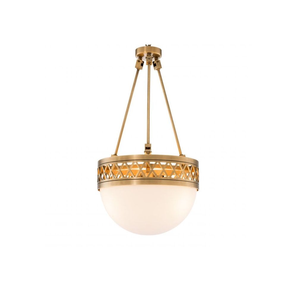 Chandelier Bistroquette, Antique Brass Finish, White Glass