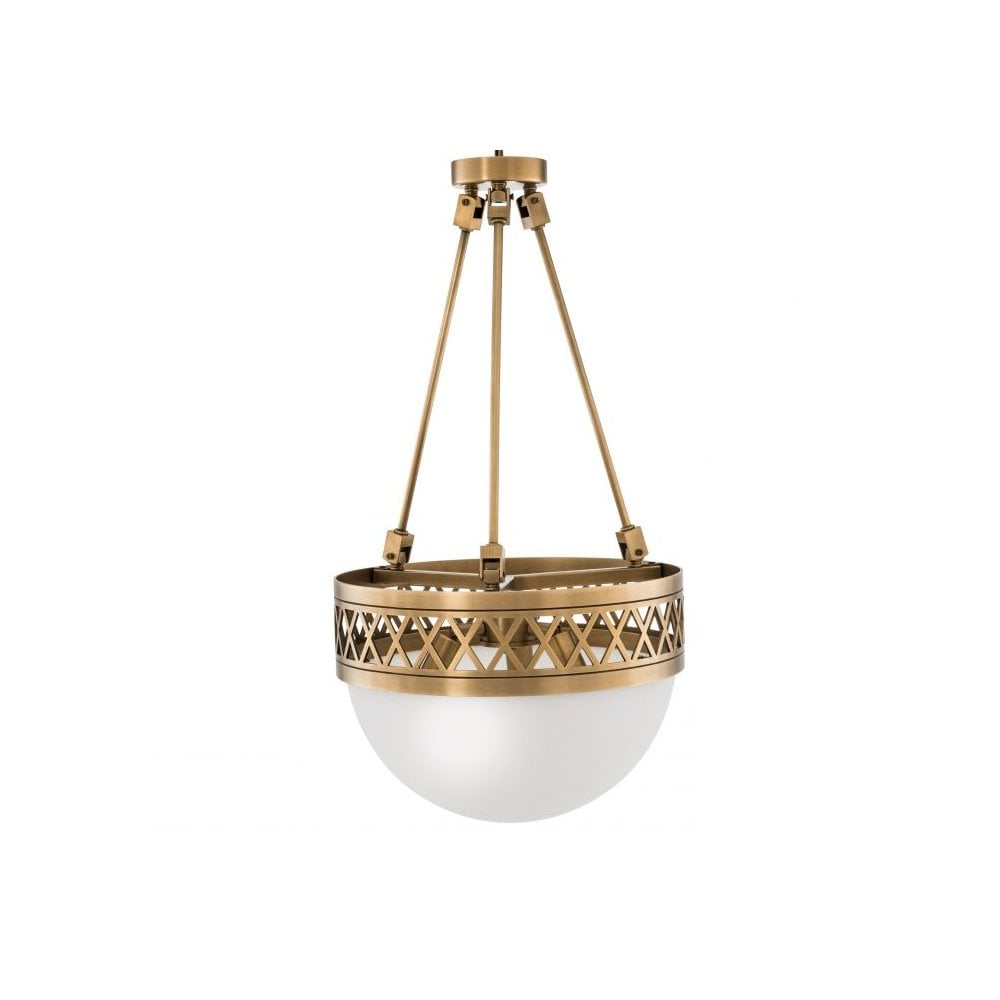 Chandelier Bistroquette, Antique Brass Finish, White Glass