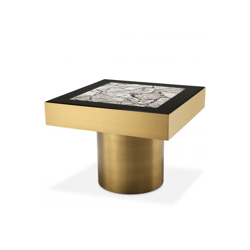 Side Table Tatler, Brushed Brass Finish, Faux Marble, High Gloss Black