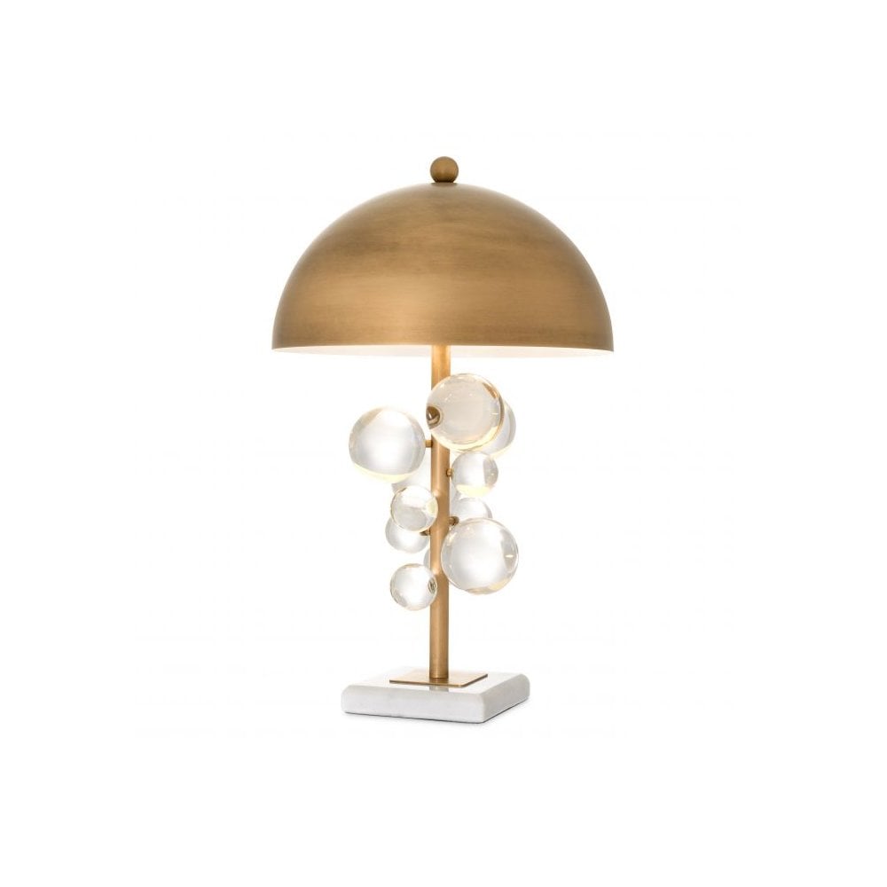 Table Lamp Floral, Brass Finish, Clear Glass, White Marble