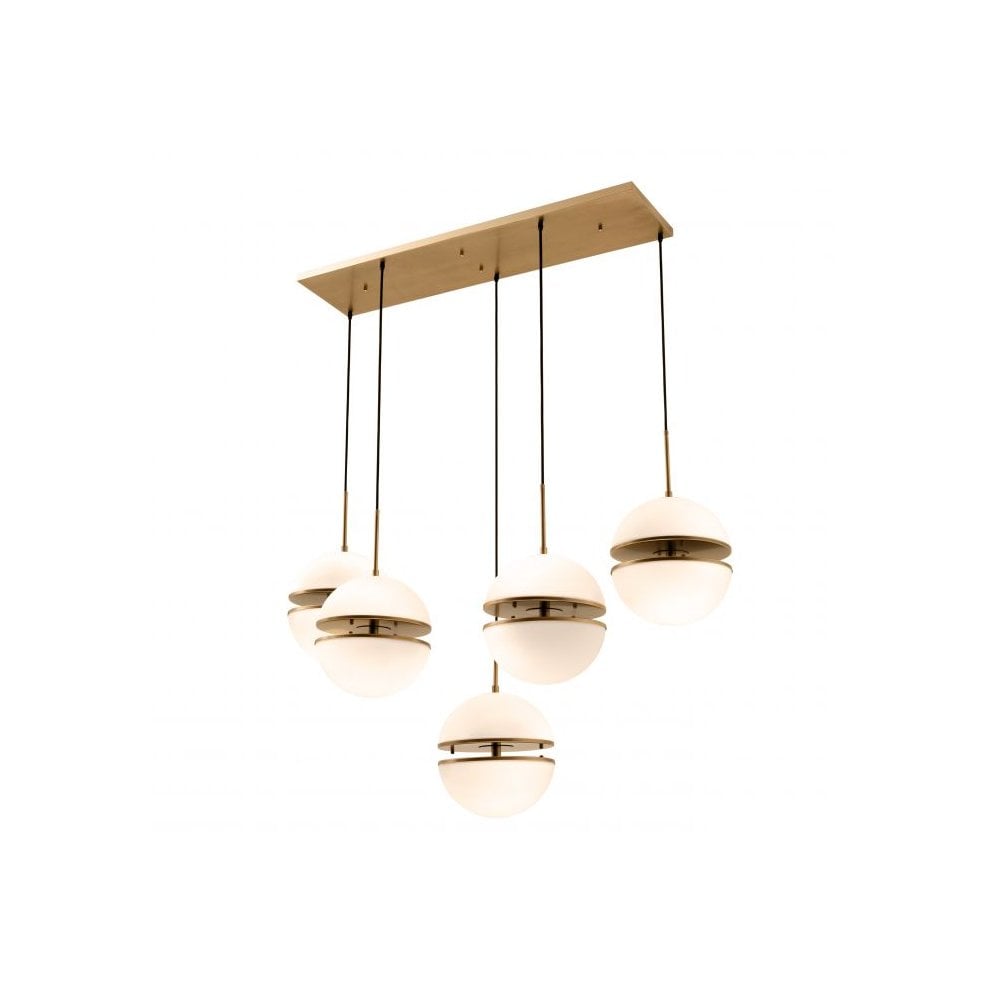 Hanging Lamp Spiridon 5 light, Antique Brass Finish, White Glass