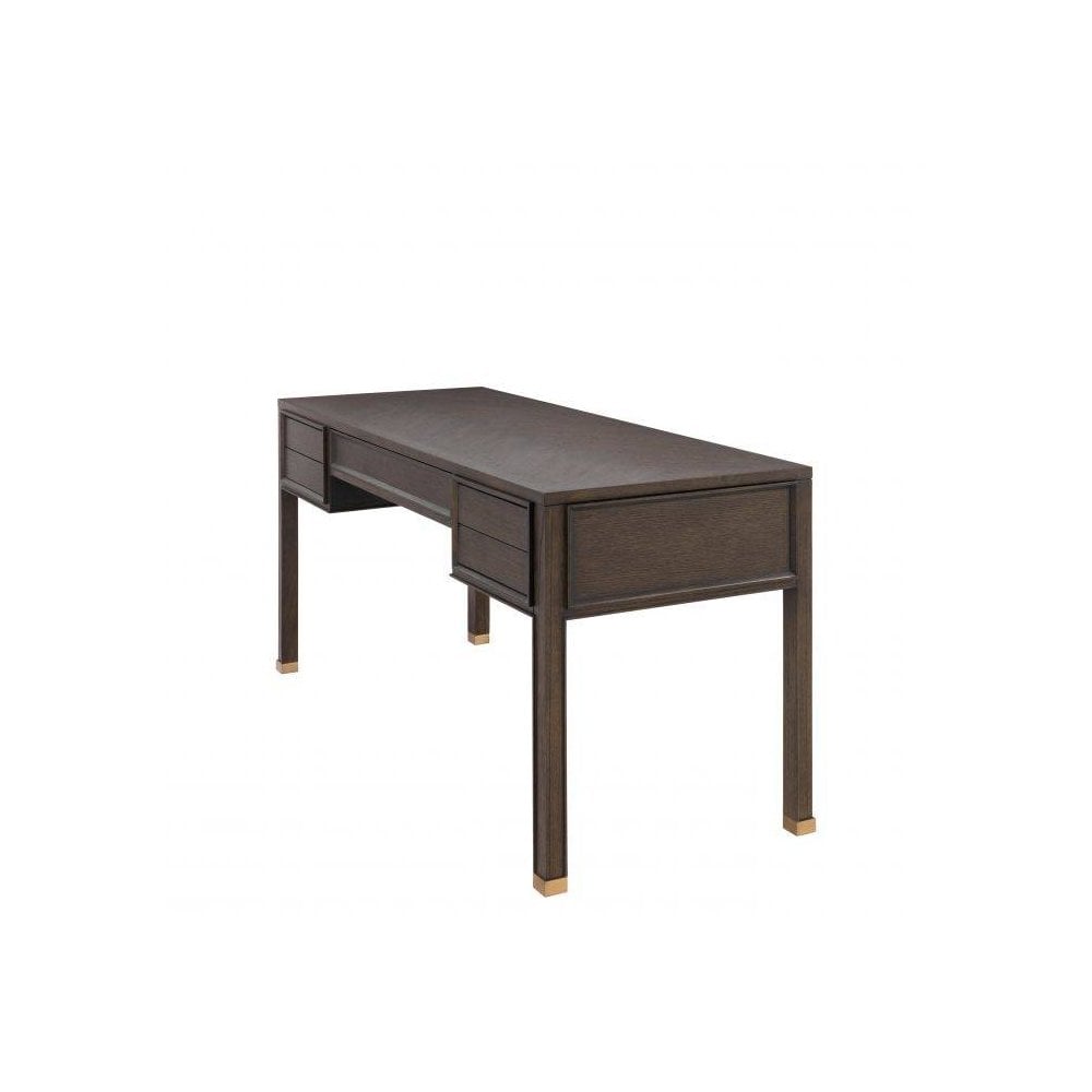 Desk Melchior, Brown Oak Veneer, Brushed Brass Finish