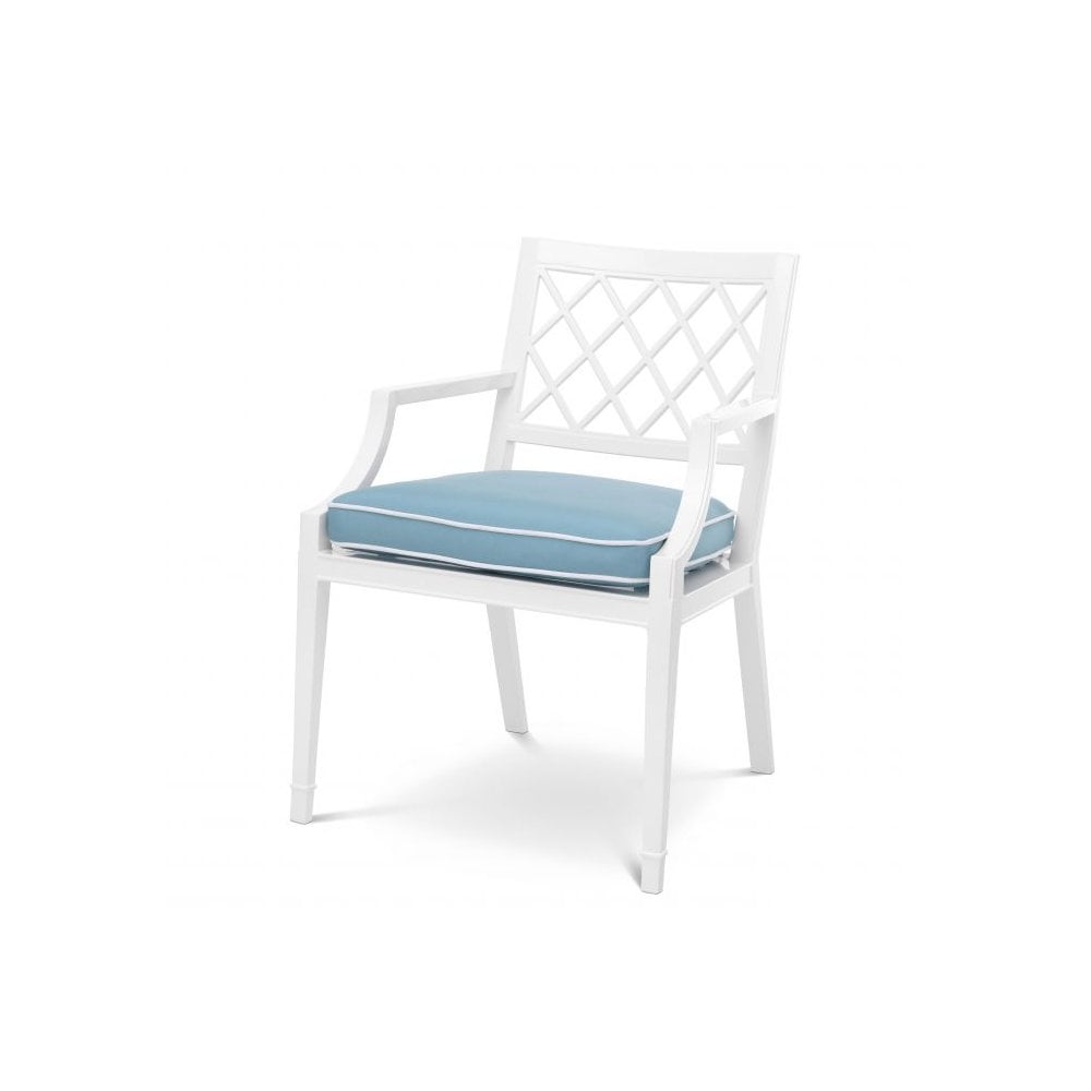 Dining Chair Paladium with arm, White Finish, Sunbrella Mineral Blue