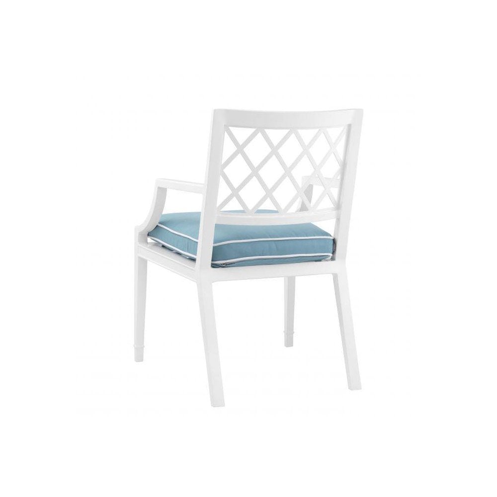 Dining Chair Paladium with arm, White Finish, Sunbrella Mineral Blue