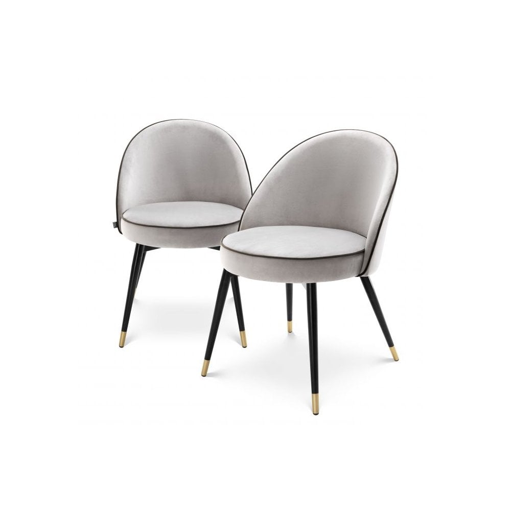 Dining Chair Cooper set of 2, Roche Light Grey Velvet, Black & Brass Legs