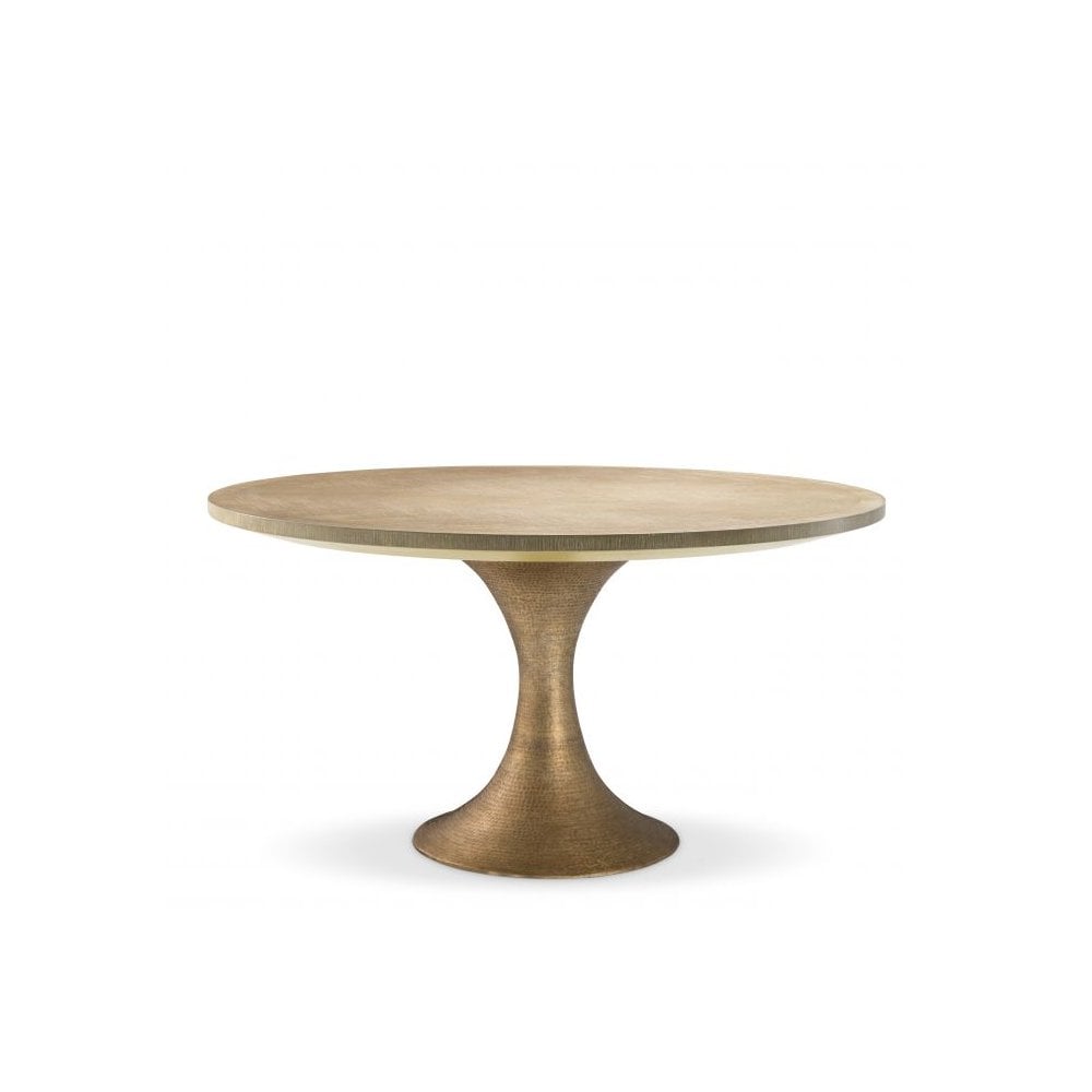 Dining Table Melchior round, Washed Oak Veneer, Brushed Brass Finish