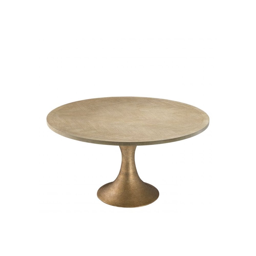 Dining Table Melchior round, Washed Oak Veneer, Brushed Brass Finish