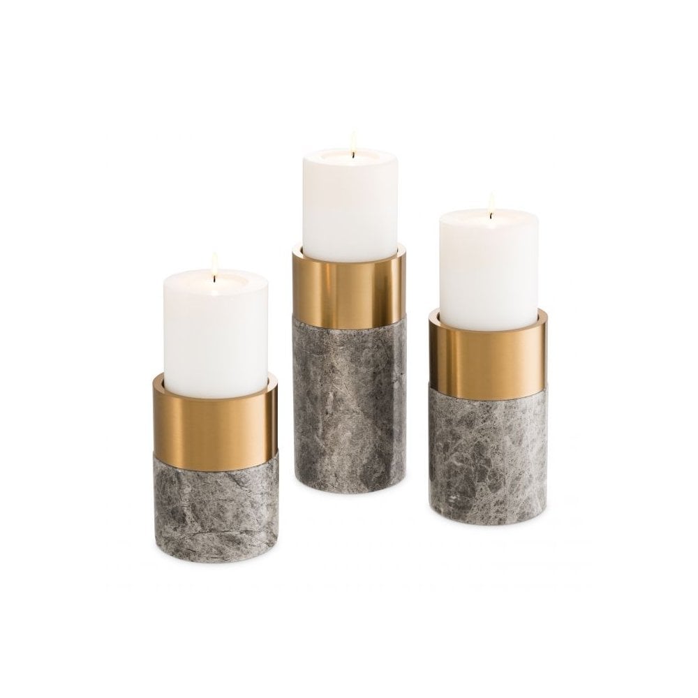 Candle Holder Sierra set of 3, Grey Marble, Brushed Brass Finish