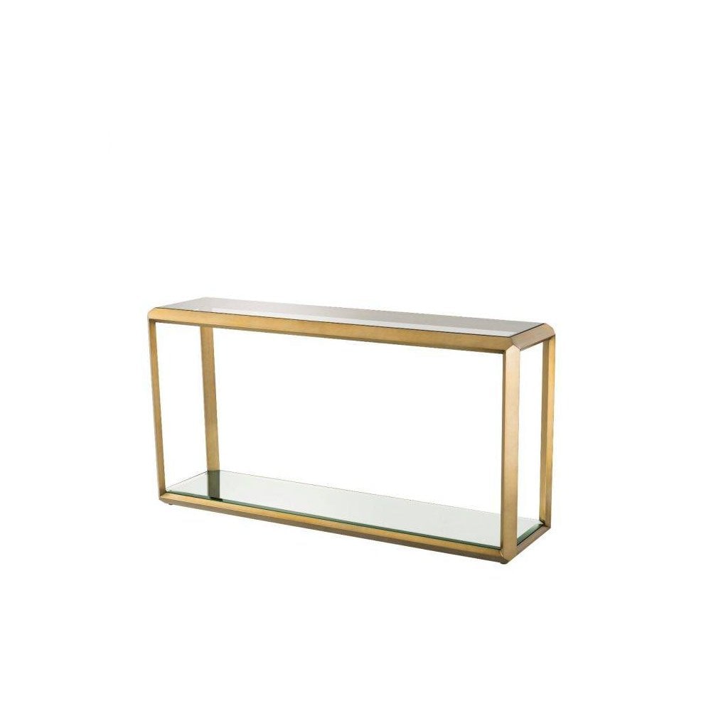 Console Table Callum, Brushed Brass Finish, Smoke Glass, Mirror Glass