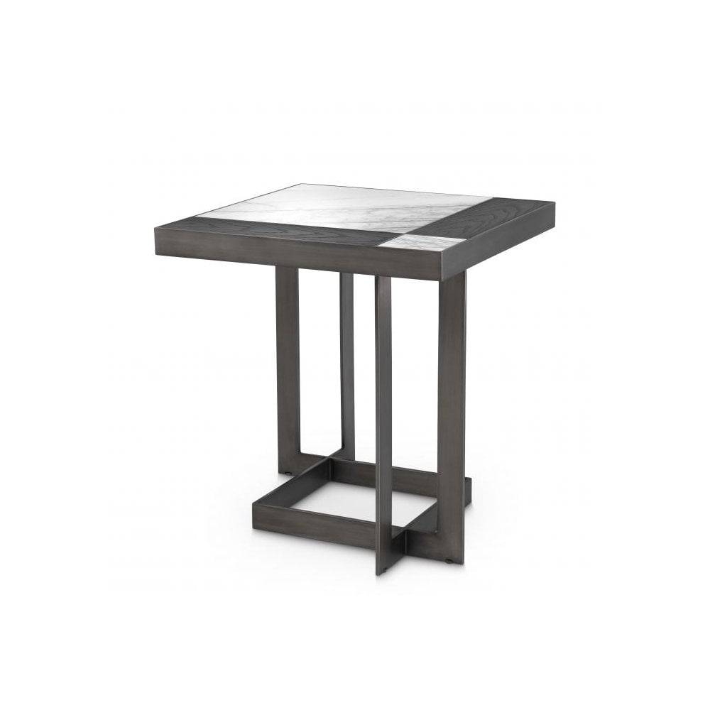 Side Table Hermoza, Bianco Lilac Marble, Mocha Oak Veneer, Medium Bronze Finish