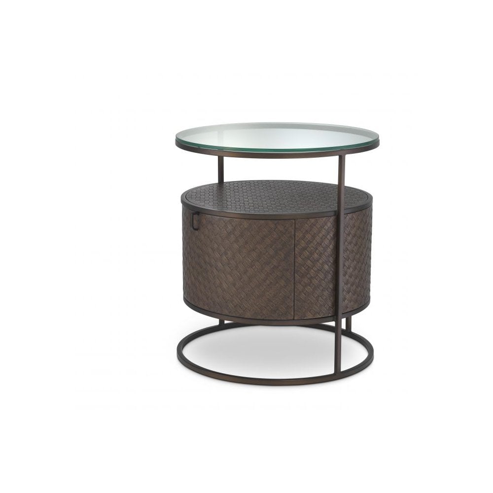 Bedside Table Napa Valley, Woven Washed Oak Veneer, Bronze Finish, Clear Glass