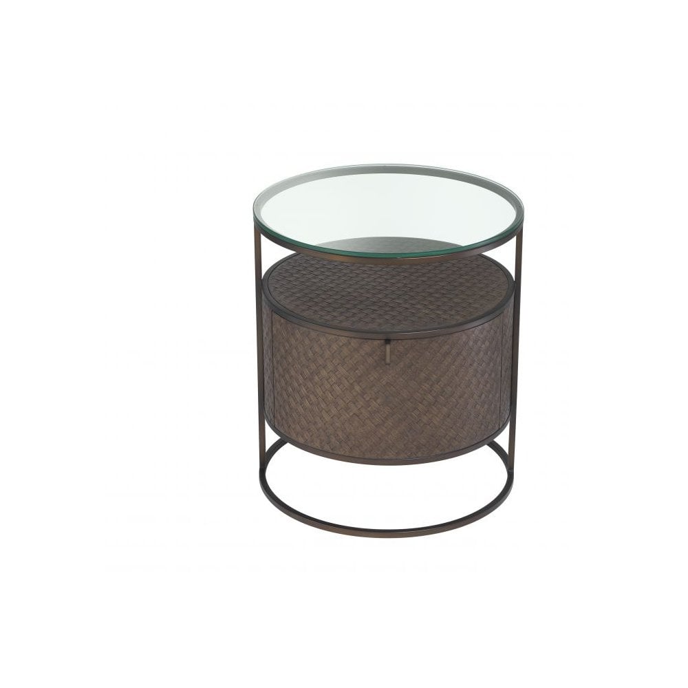 Bedside Table Napa Valley, Woven Washed Oak Veneer, Bronze Finish, Clear Glass