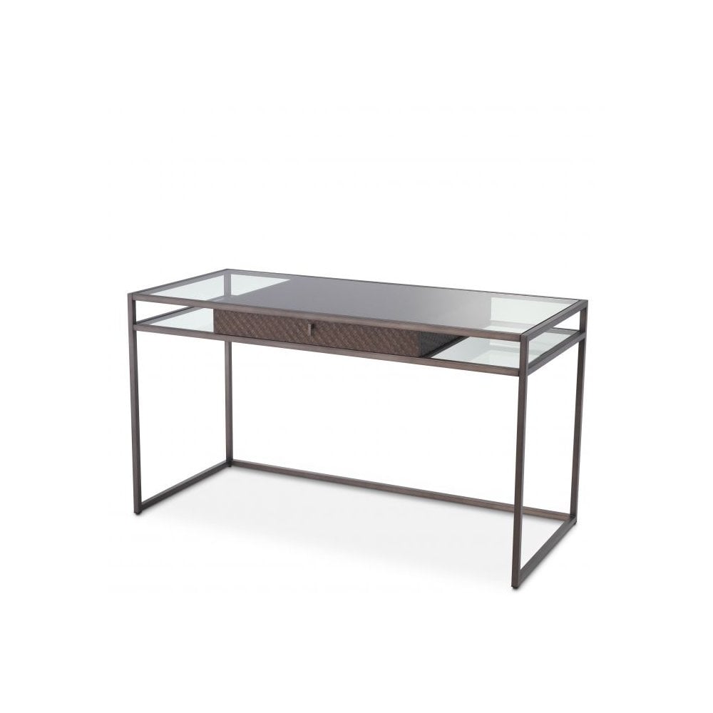 Desk Napa Valley, Woven Oak Veneer, Bronze Finish, Clear Glass