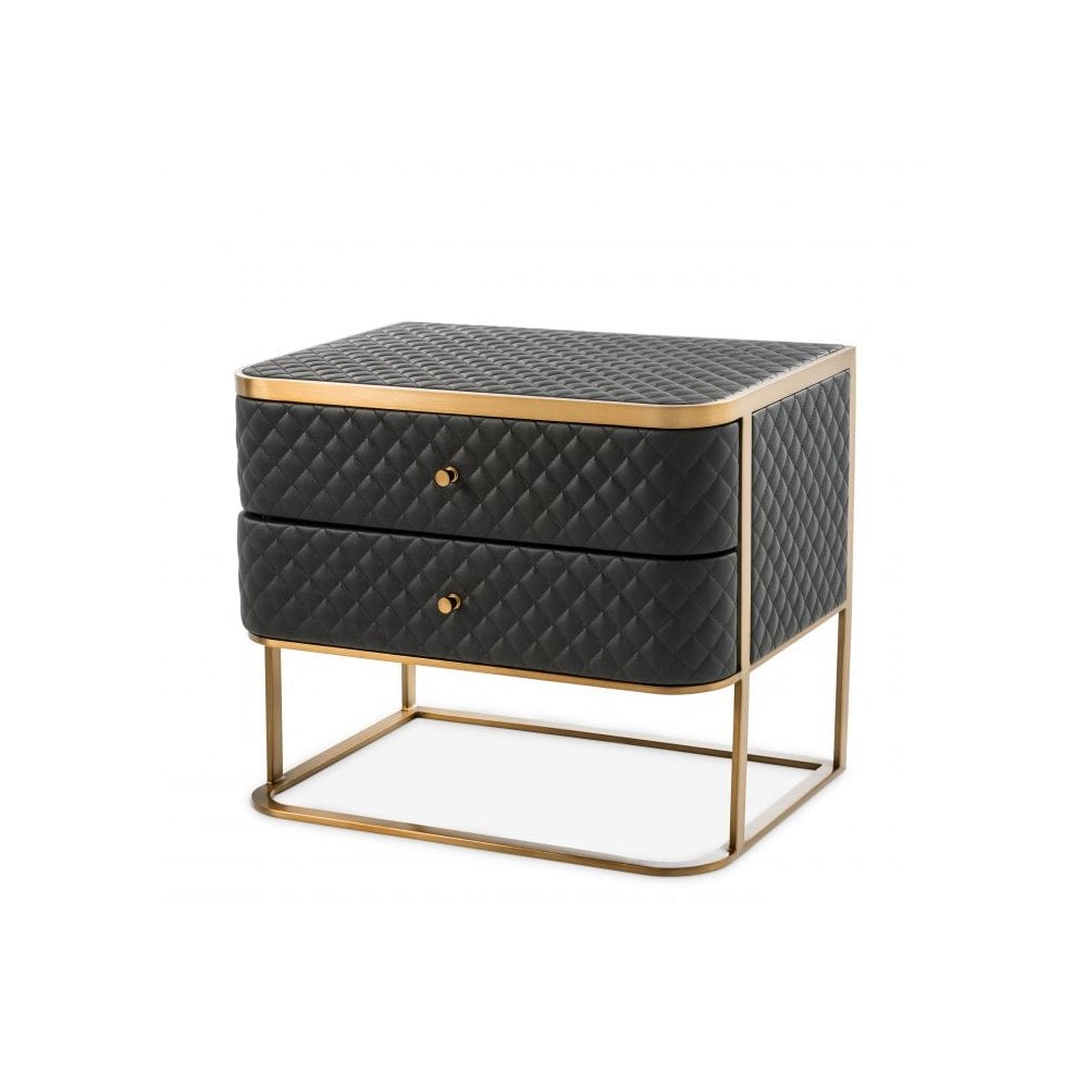 Side Table Monfort, Black Faux Leather, Brushed Brass Finish