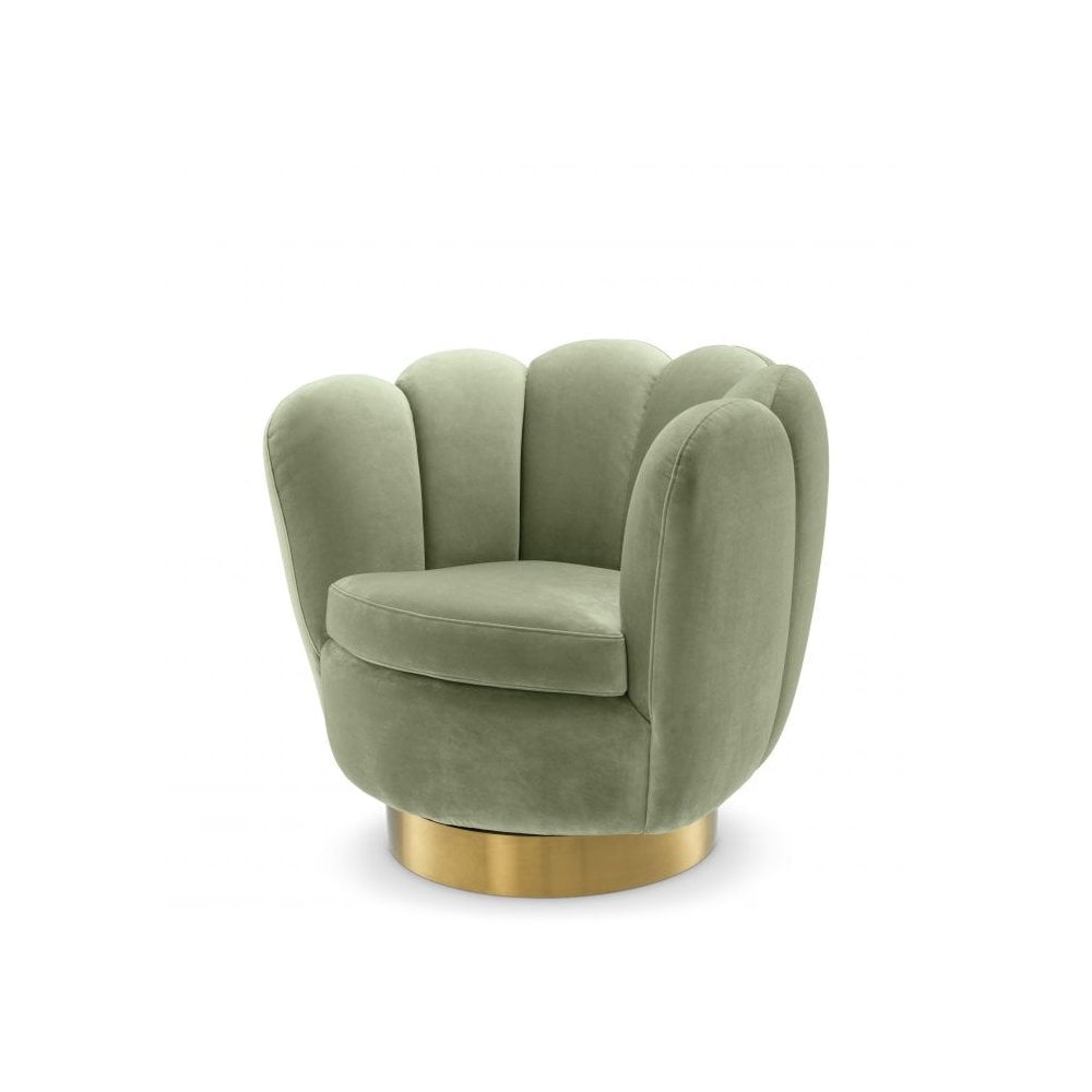 Swivel Chair Mirage, Savona Pistache Green Velvet, Brushed Brass Finish Swivel Base