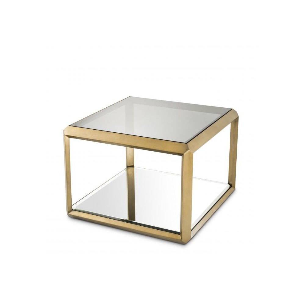 Side Table Callum, Brushed Brass Finish, Smoke Glass, Mirror Glass