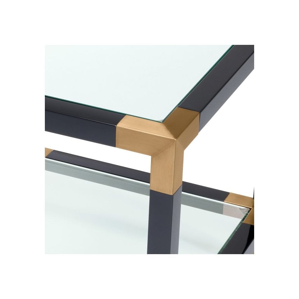 Side Table Royalton, Piano Black Finish, Brushed Brass Finish, Clear Glass