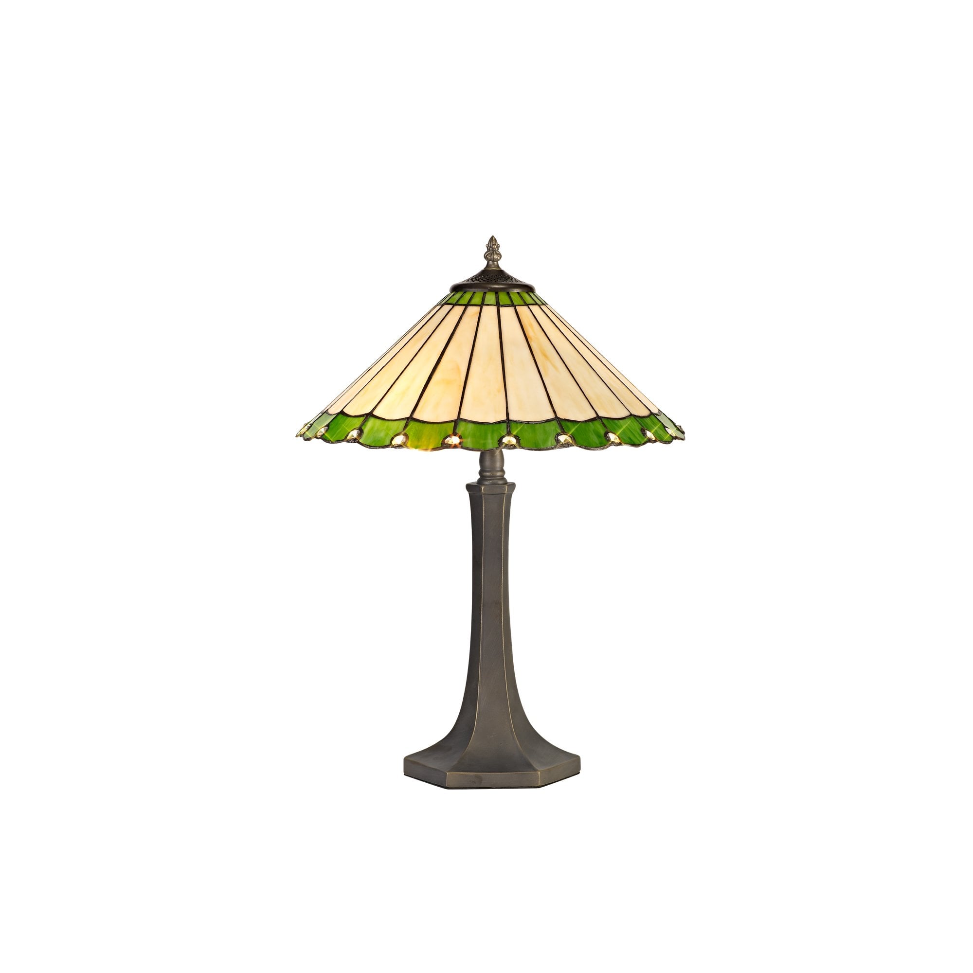 2 Light Octagonal Table Lamp E27 With 40cm Tiffany Shade, Green/Cream/Crystal/Aged Antique Brass