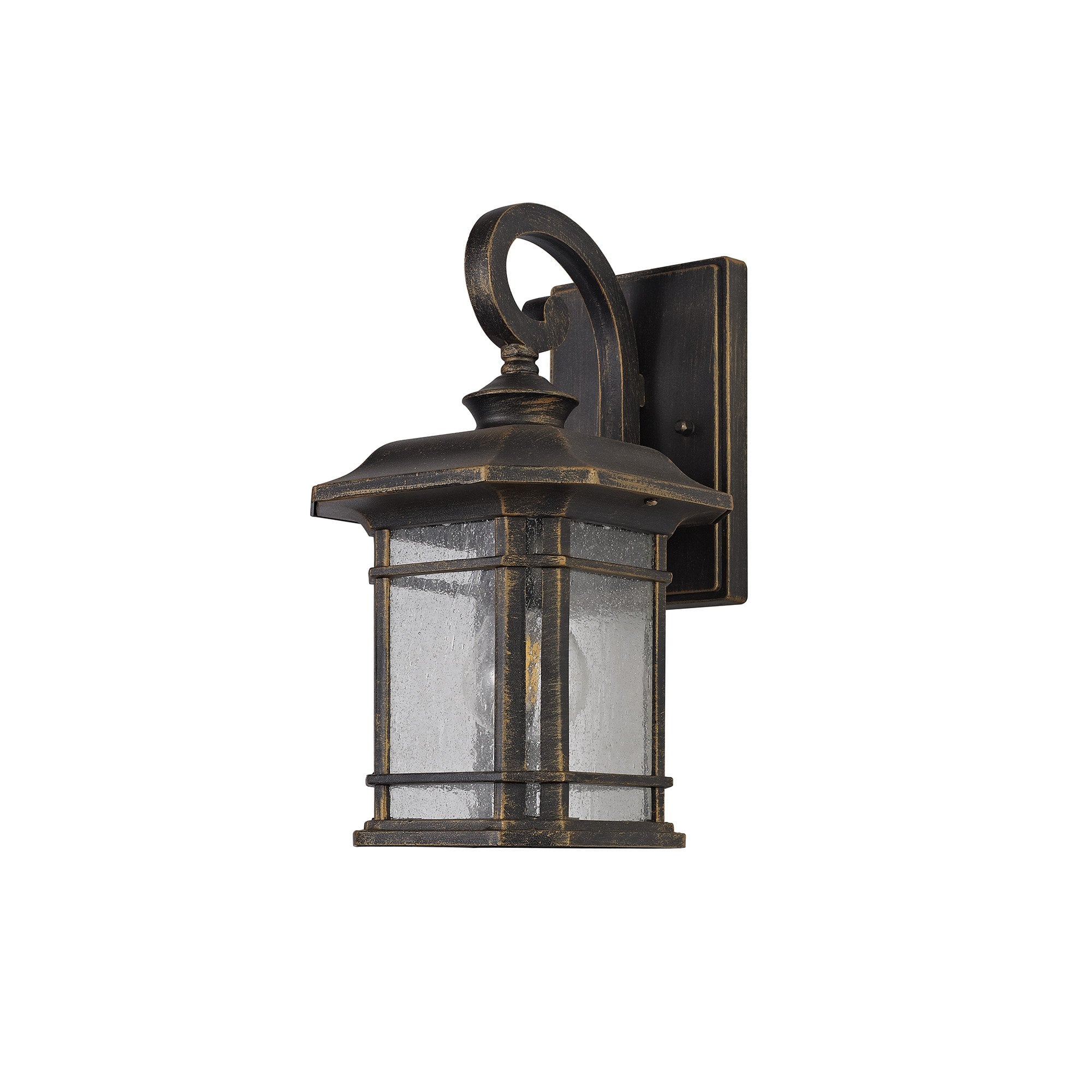 Small Wall Lamp, 1 x E27, Brushed Black Gold/Seeded Glass, IP54, 2yrs Warranty