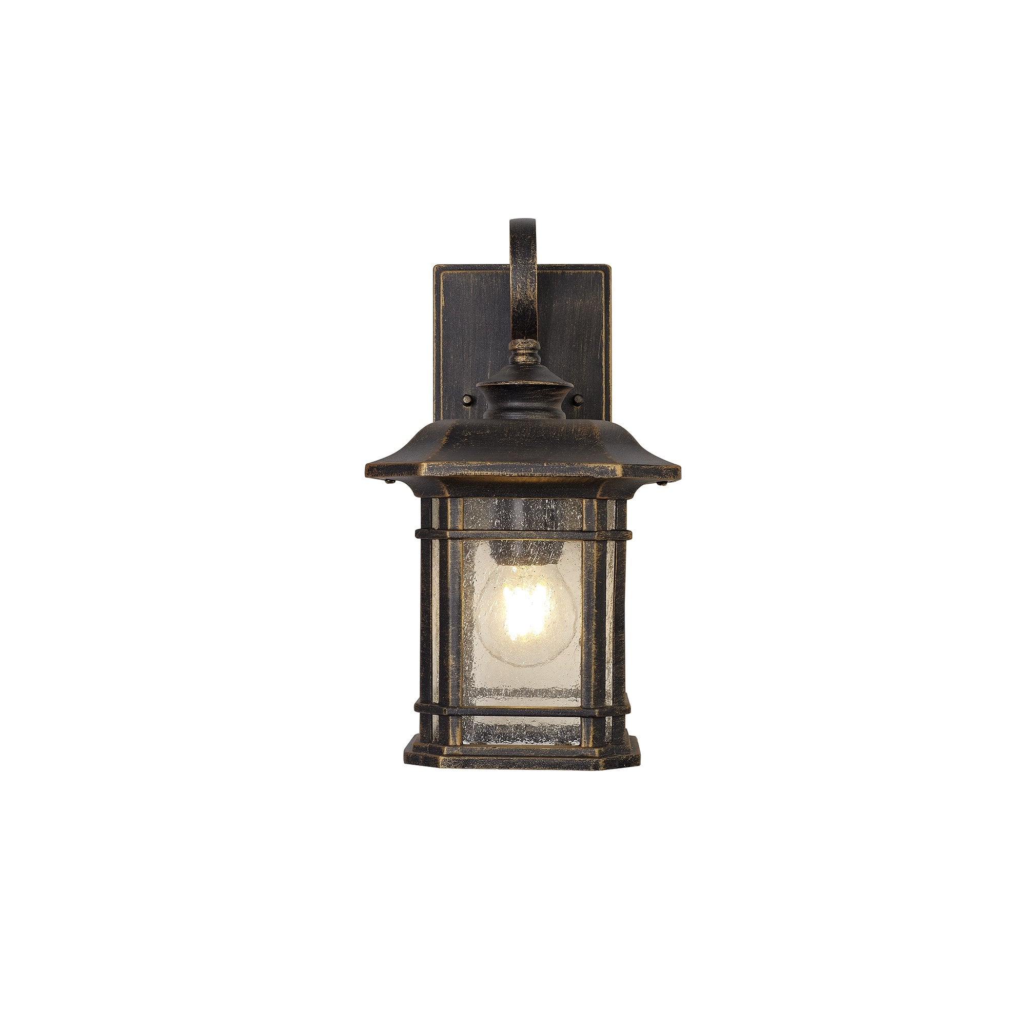 Small Wall Lamp, 1 x E27, Brushed Black Gold/Seeded Glass, IP54, 2yrs Warranty