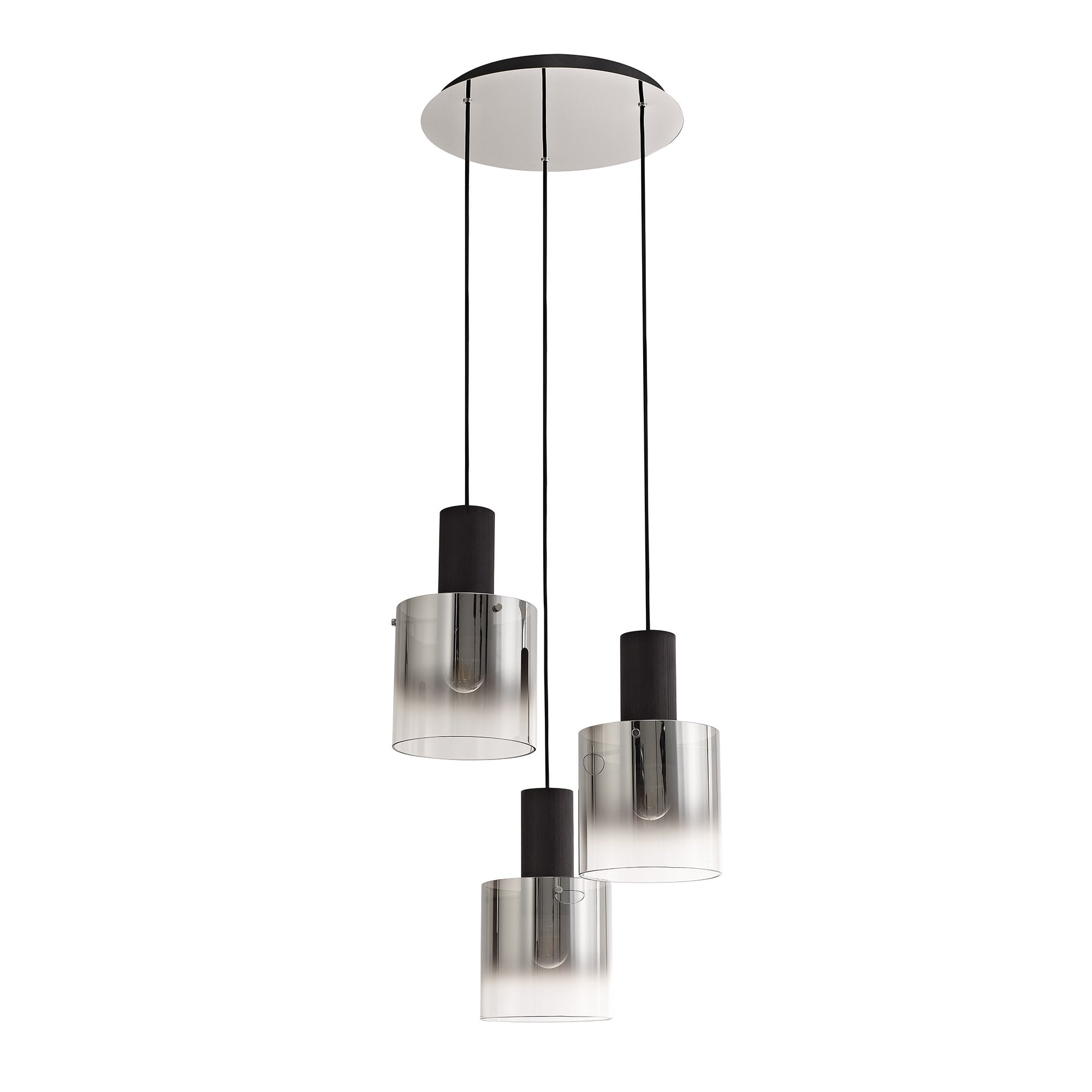 Round Pendant, 3 Light Adjustable E27, Black/Smoke Fade Glass