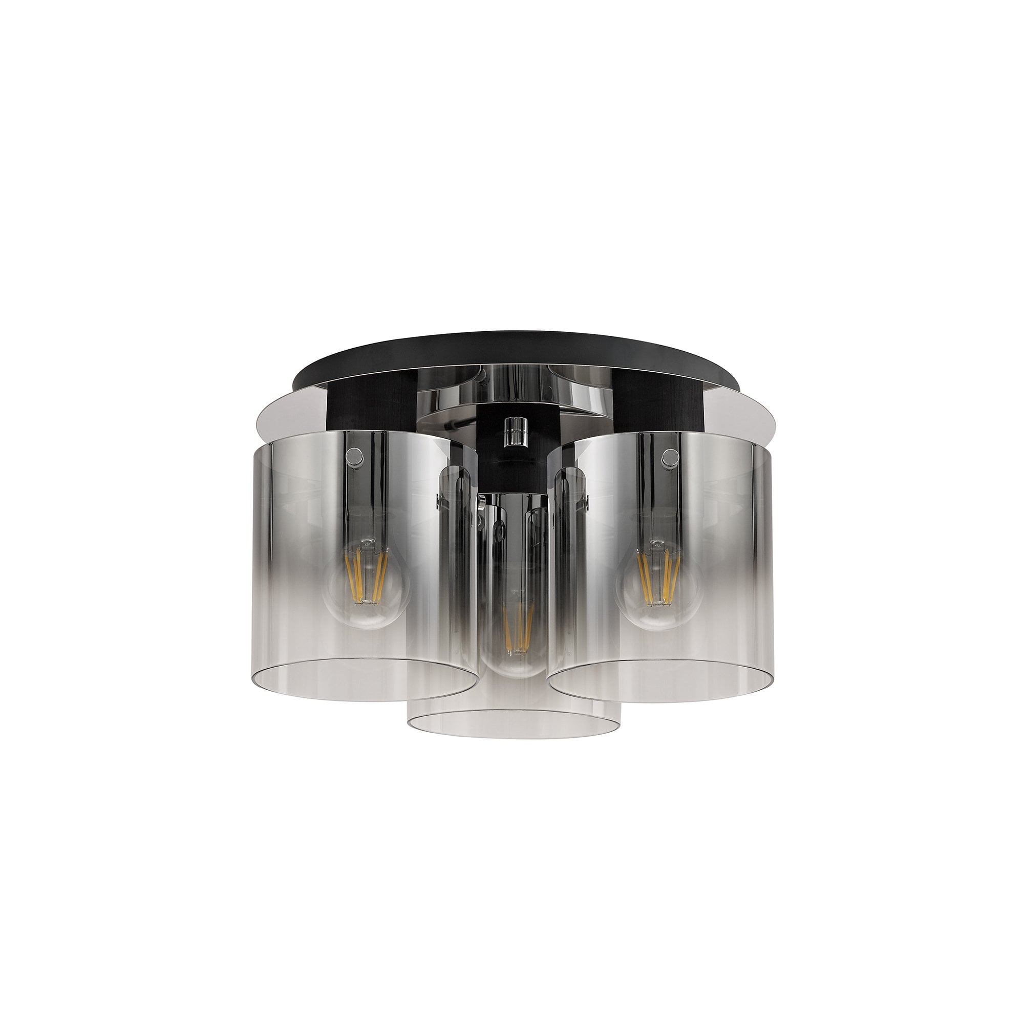 Round Ceiling Flush, 3 Light Flush Fitting, Black/Smoke Fade Glass