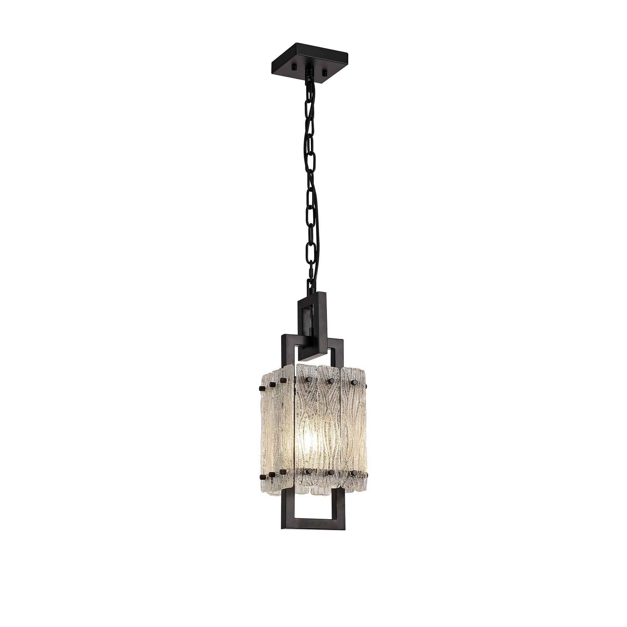 Small Square Pendant, 1 Light E27, Matt Black/Crystal Sand Glass