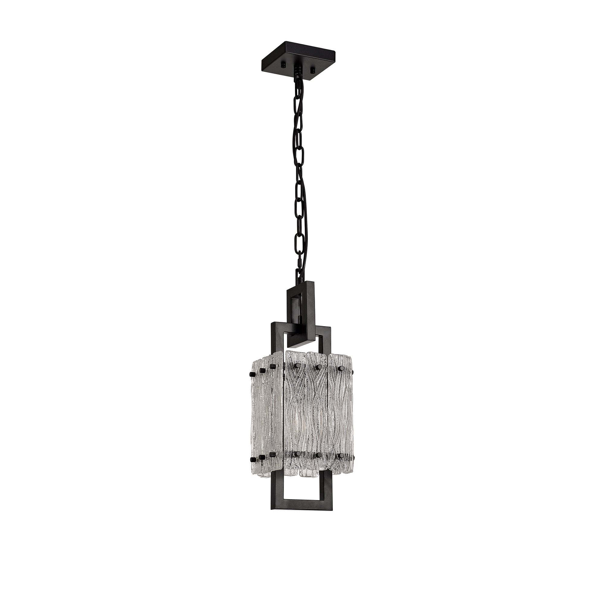 Small Square Pendant, 1 Light E27, Matt Black/Crystal Sand Glass