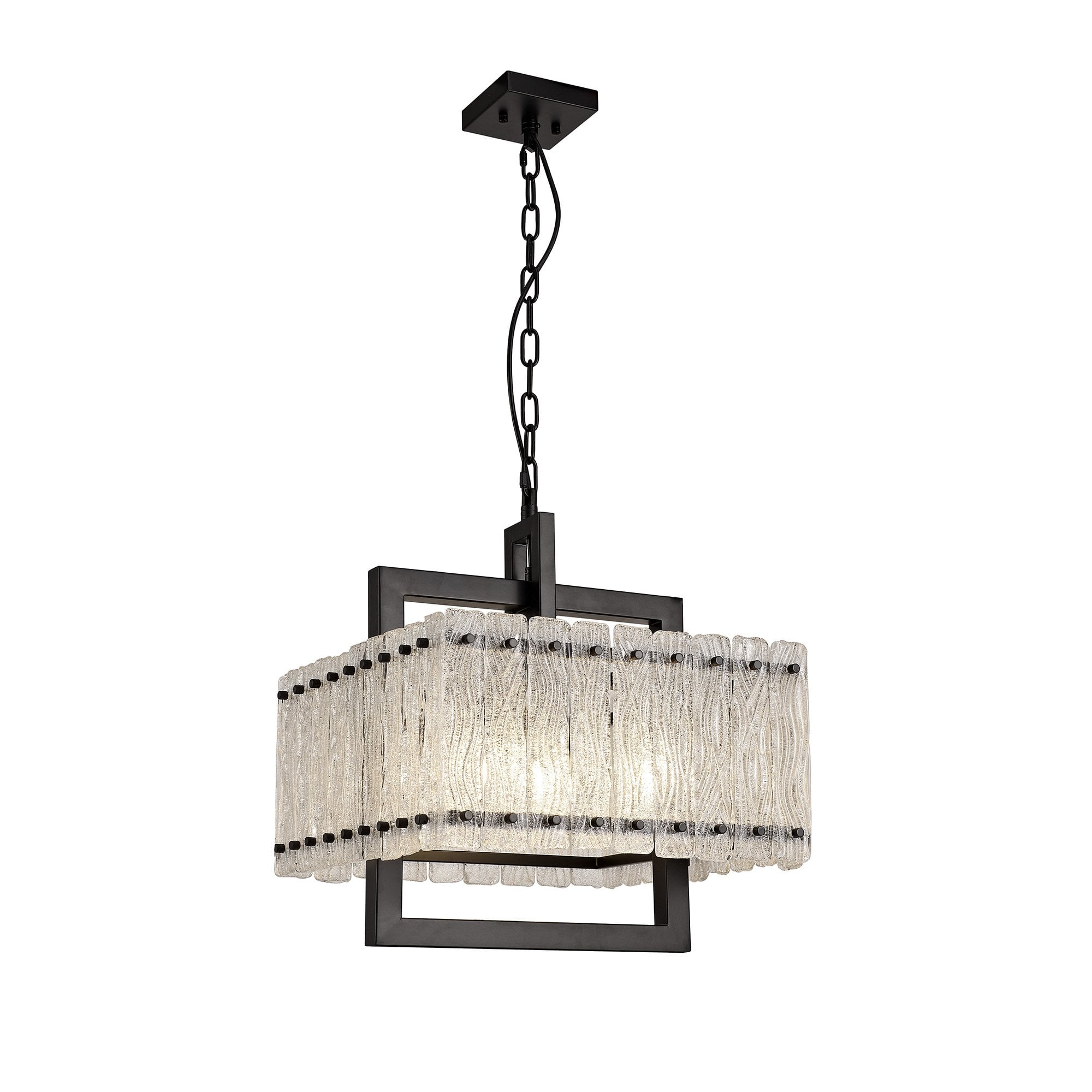 Large Square Pendant, 5 Light E27, Matt Black/Crystal Sand Glass