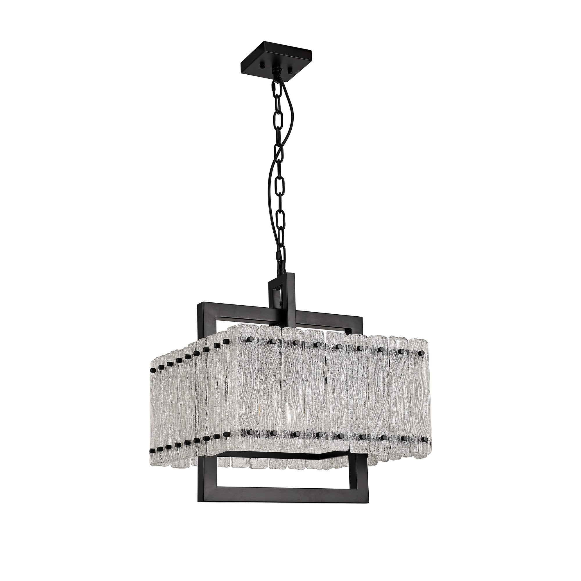 Large Square Pendant, 5 Light E27, Matt Black/Crystal Sand Glass