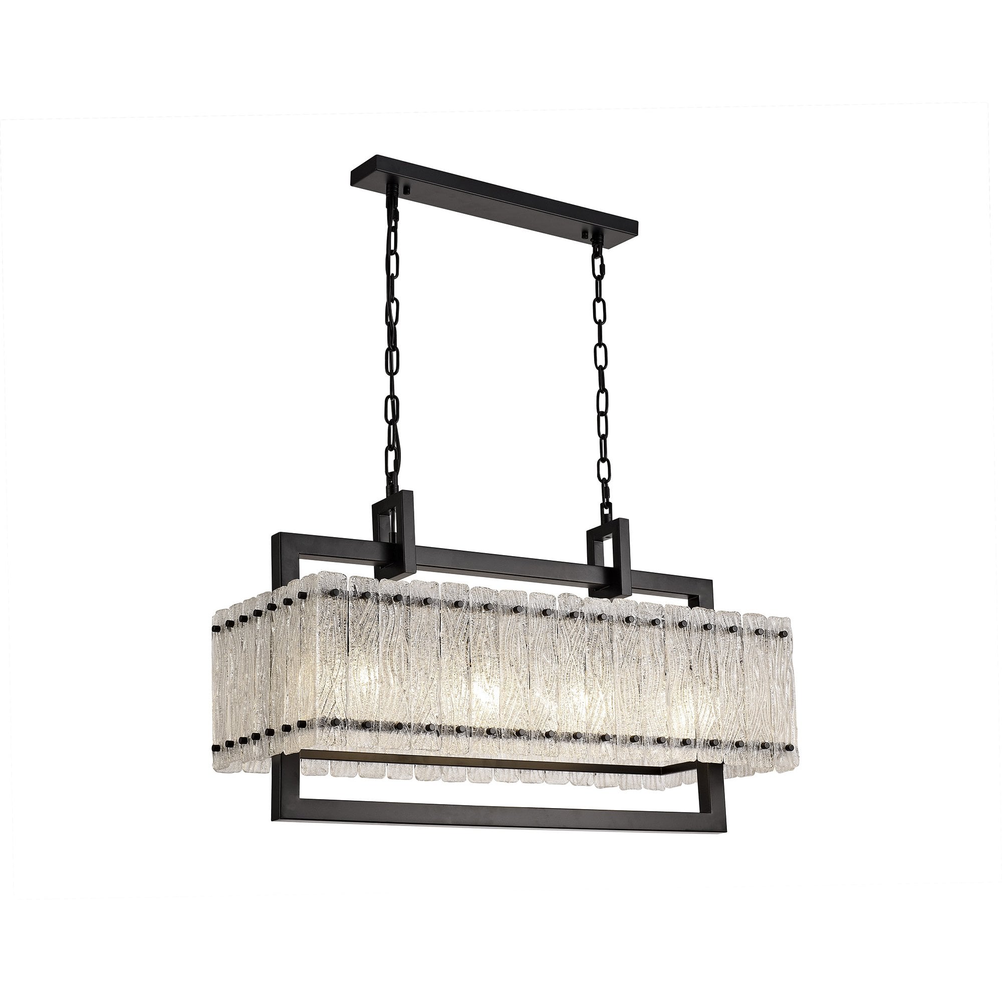 Medium Rectangular Pendant, 8 Light E27, Matt Black/Crystal Sand Glass