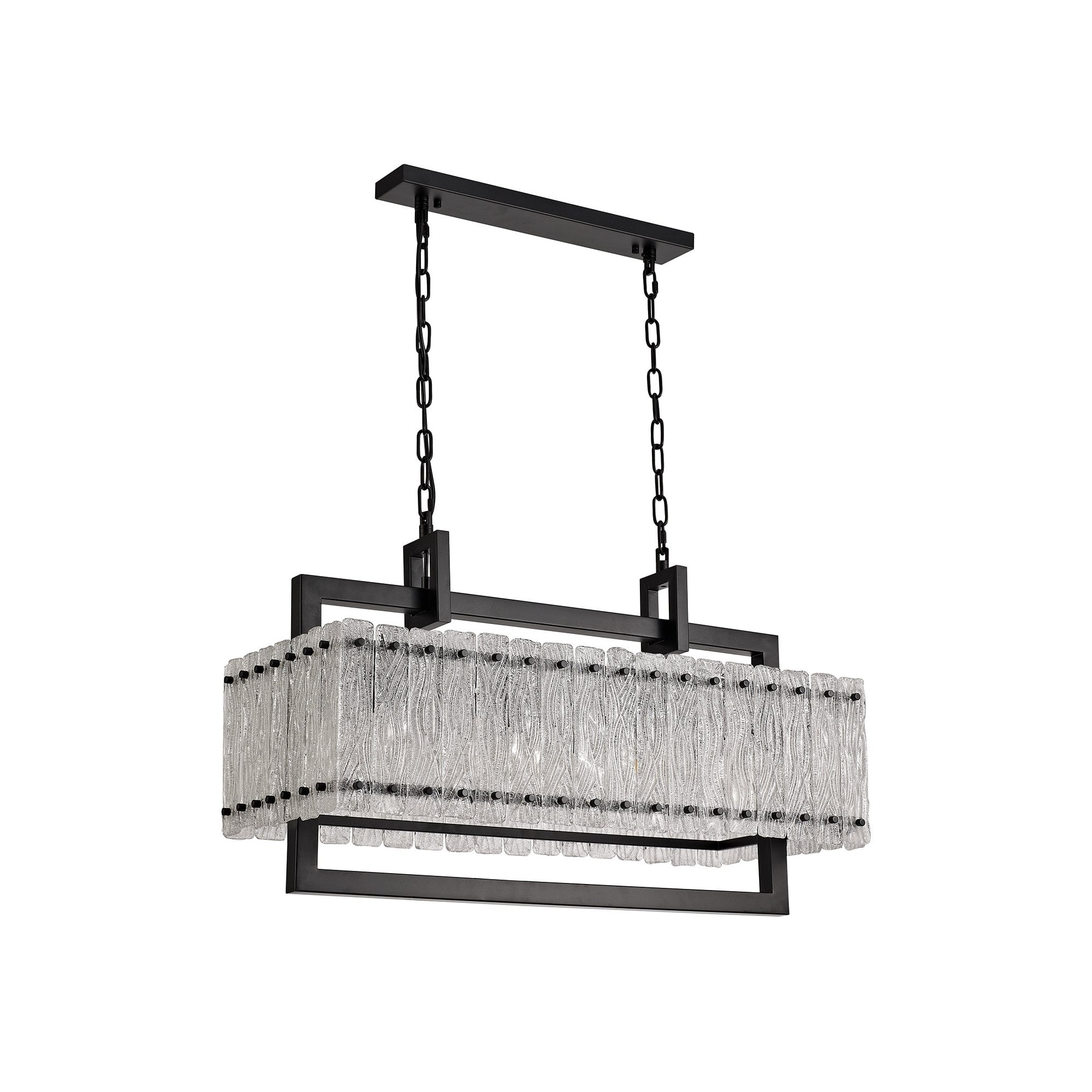 Medium Rectangular Pendant, 8 Light E27, Matt Black/Crystal Sand Glass