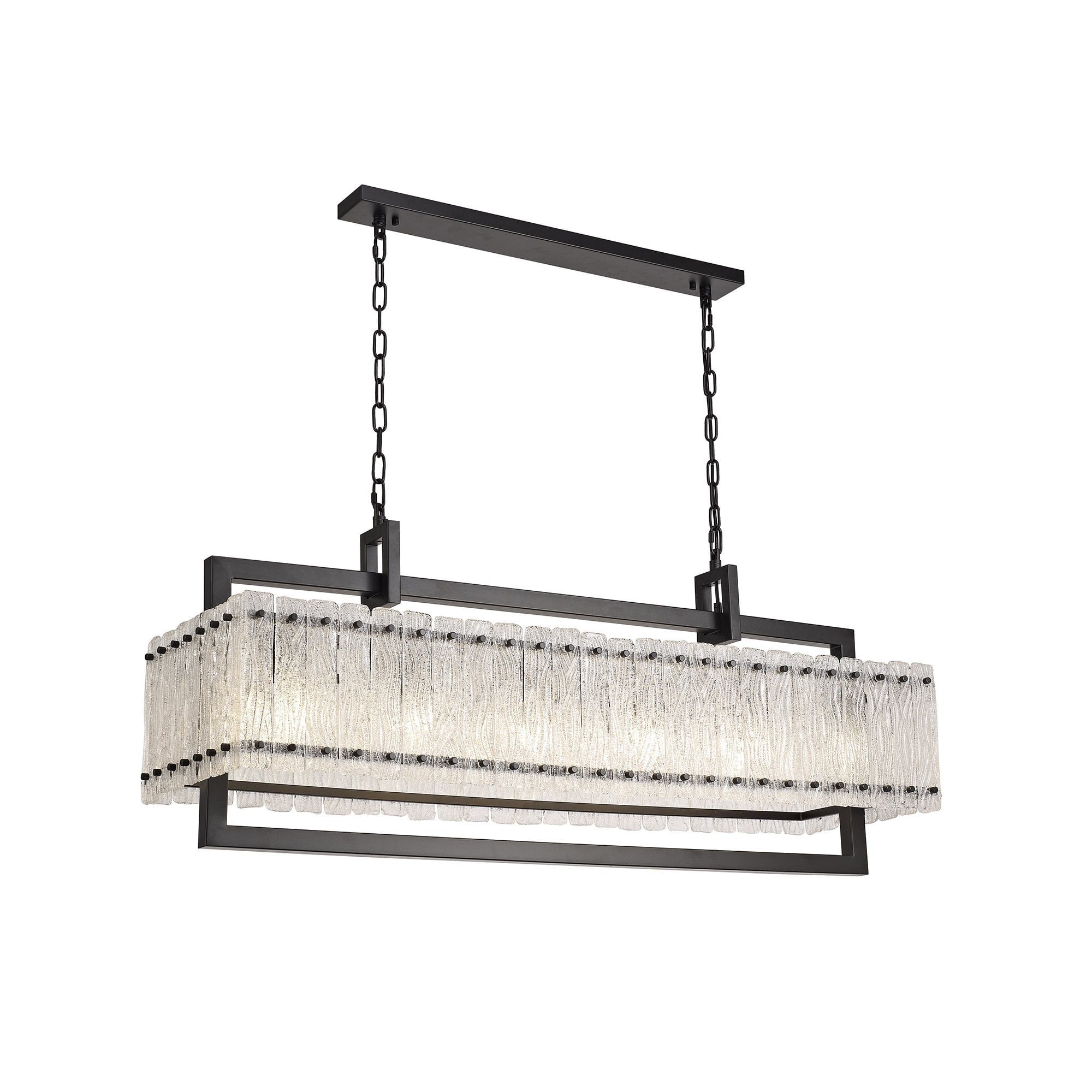 Large Rectangular Pendant, 12 Light E27, Matt Black/Crystal Sand Glass