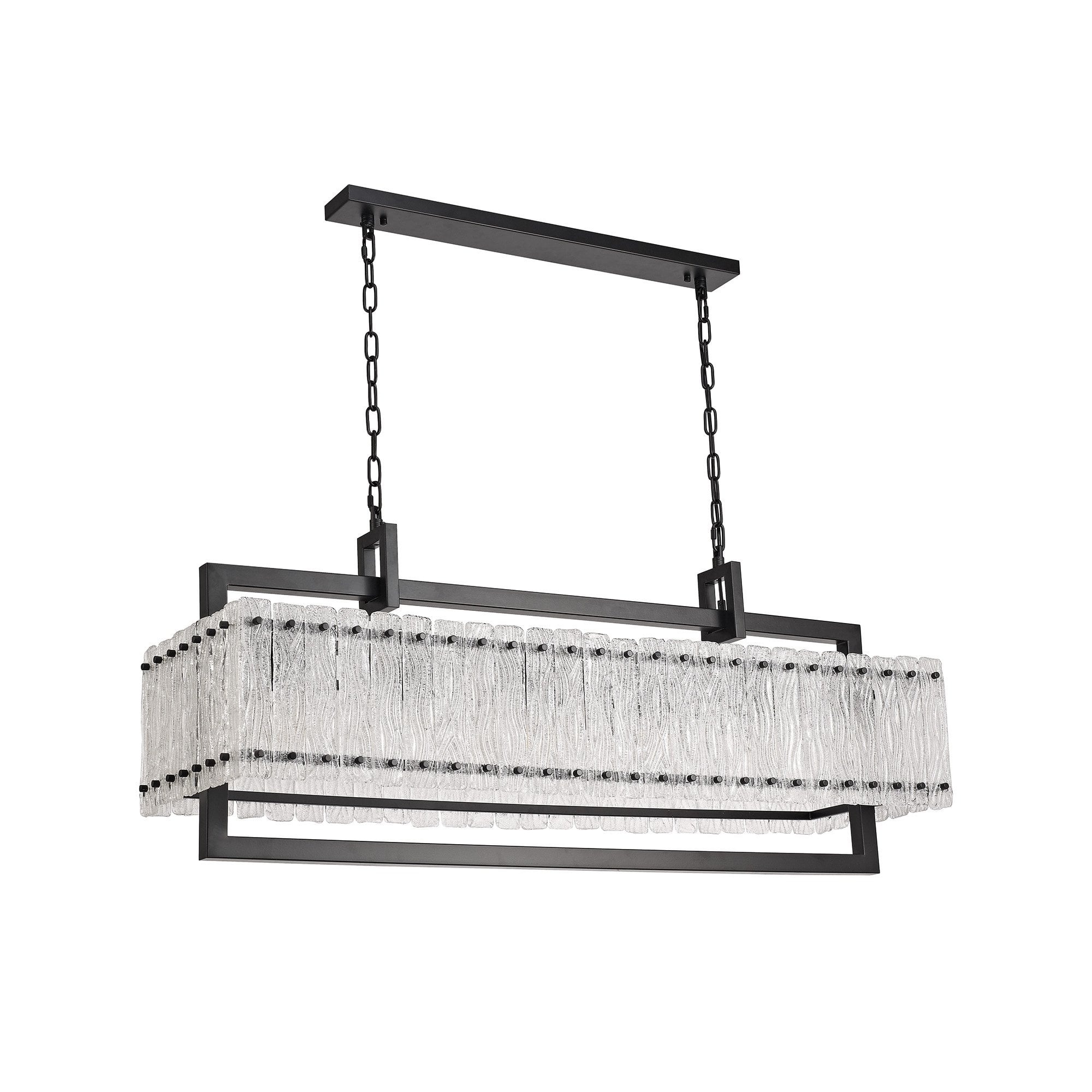 Large Rectangular Pendant, 12 Light E27, Matt Black/Crystal Sand Glass