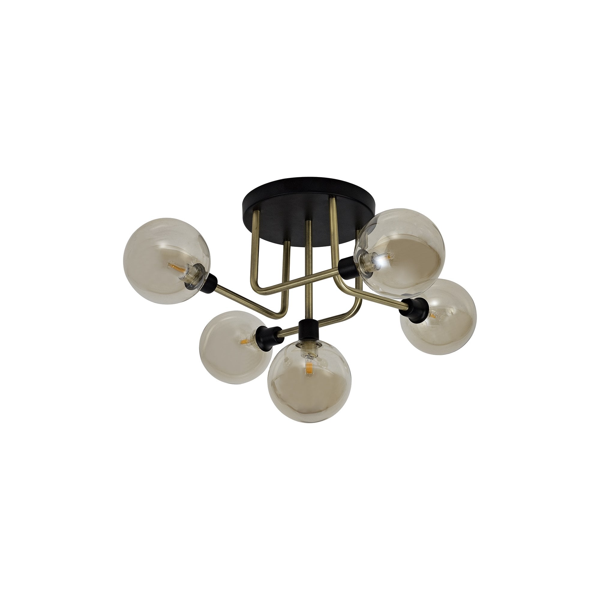 Flush Ceiling, 5 Light G9, Matt Black/Antique Brass/Cognac Glass