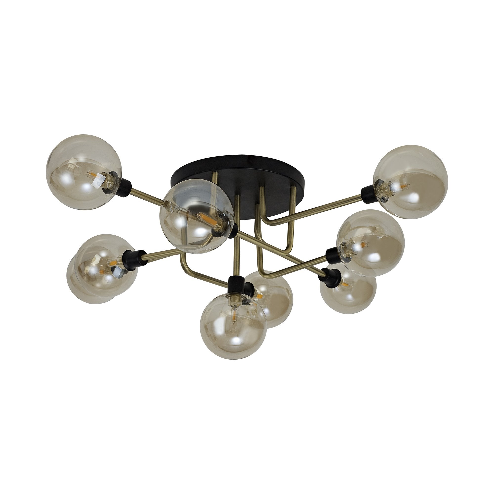 Flush Ceiling, 9 Light G9, Matt Black/Antique Brass/Cognac Glass