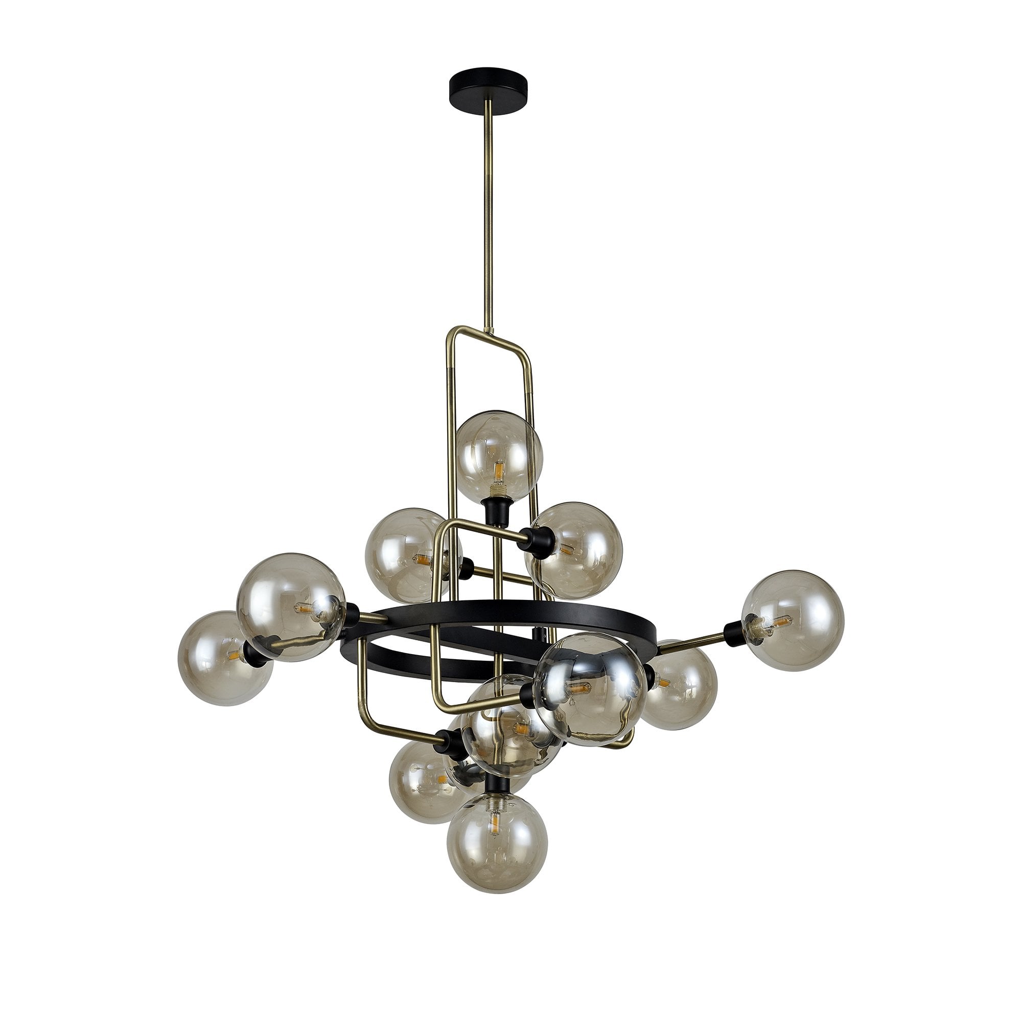 Fixed Pendant, 12 Light G9, Matt Black/Antique Brass/Cognac Glass