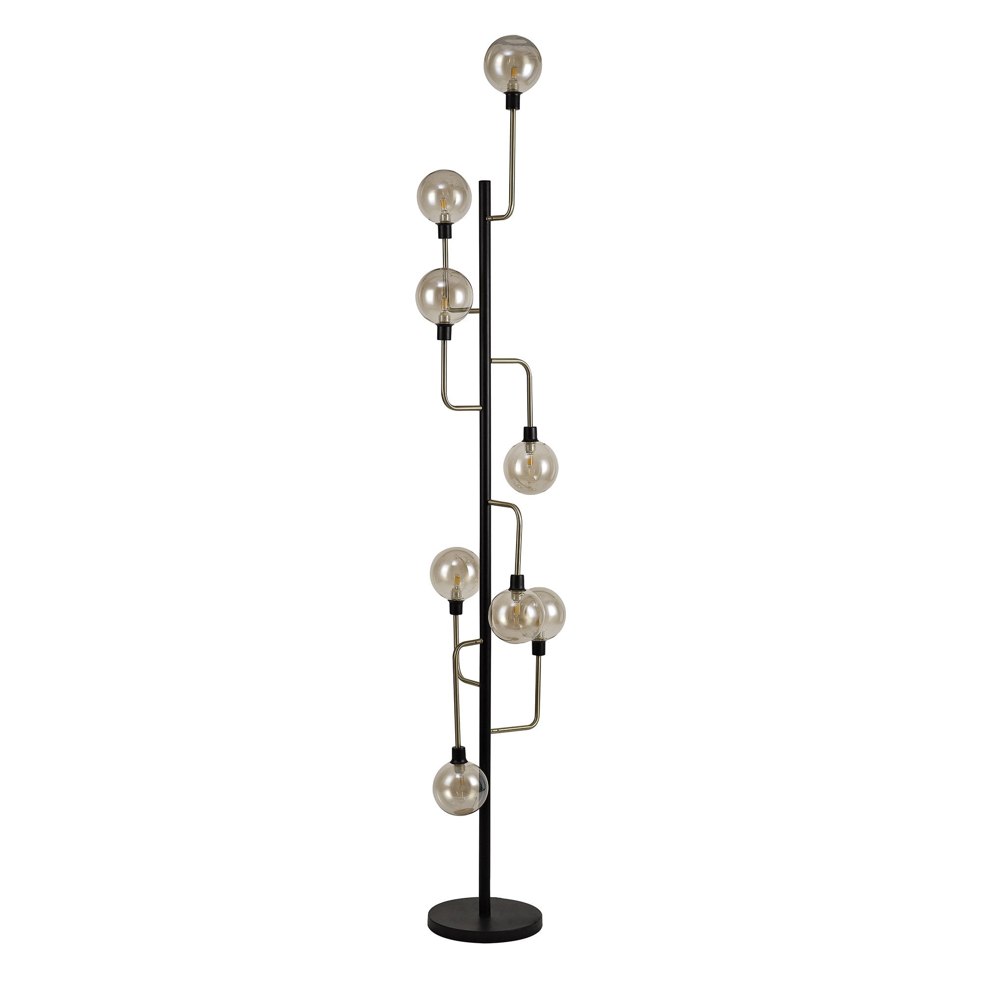 Floor Lamp, 8 Light G9, Matt Black/Antique Brass/Cognac Glass