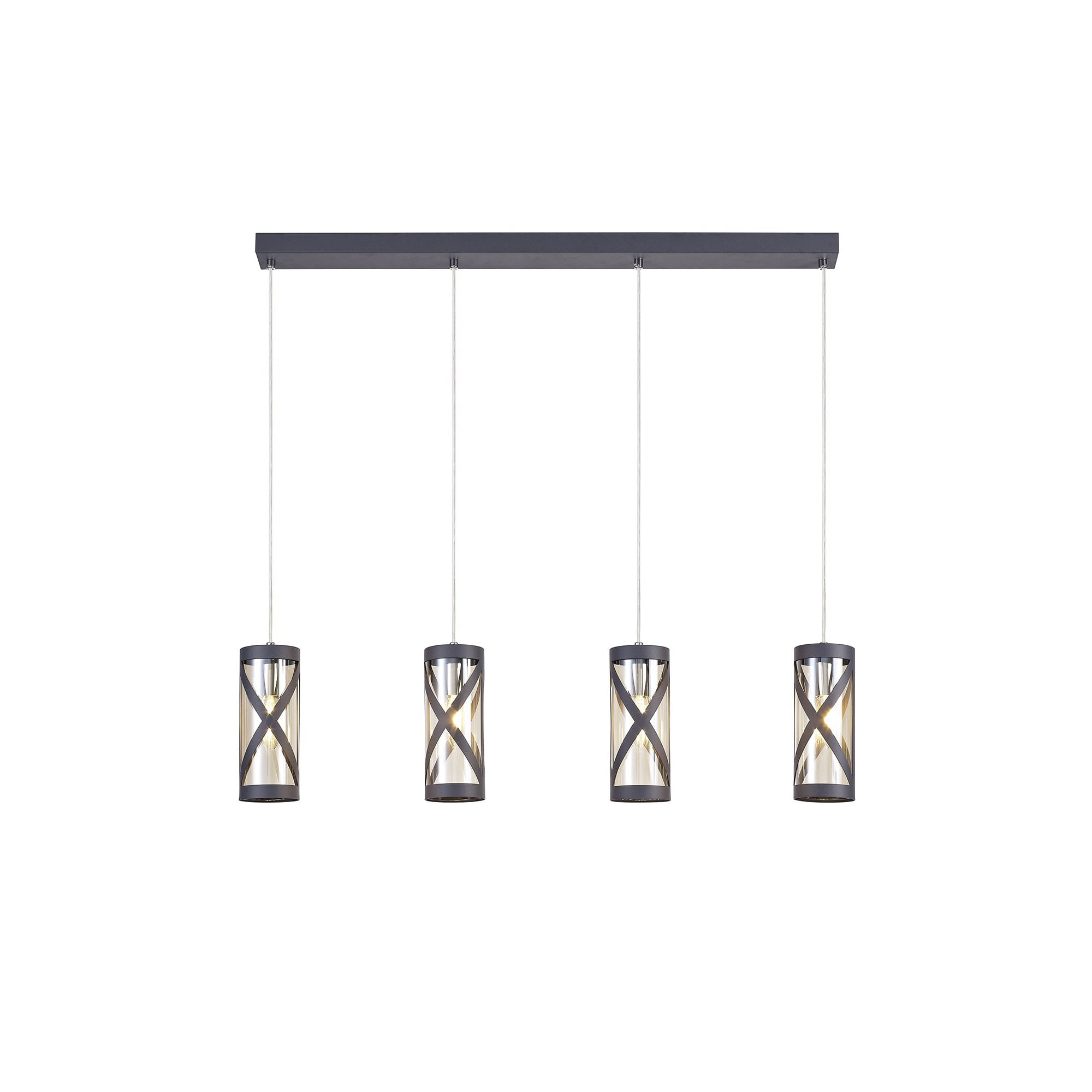 4 Light Bar Linear Pendant E14, Matt Grey/Polished Chrome/Cognac